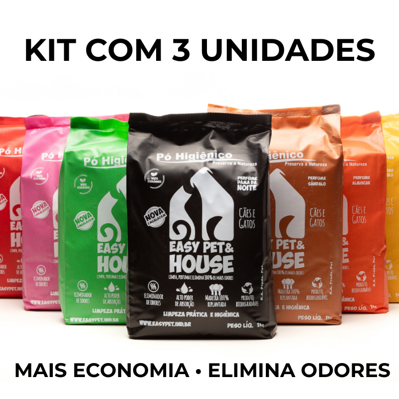 Pó Higiênico Pet Easy Pet e House Kit com 3 Unidades Gatos e Cães Elimina Odores Seca Xixi
