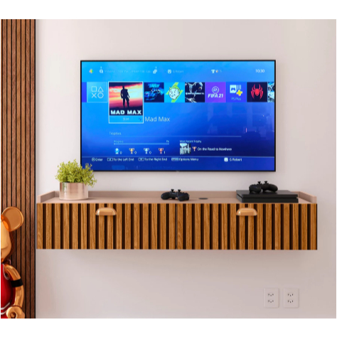 Rack Suspenso Sala Tv 1.20cm Decoração Sala Quarto Nicho 1 Porta Painel TV Aparador Off White Ripado