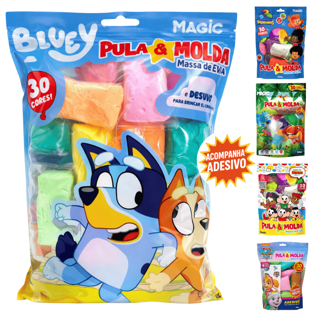 Massa de EVA  Pula e Molda 30 Cores 300gr Dinossauro, Patrulha, 3 Palavrinhas, Turma da Mônica Bluey