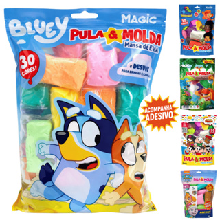 Massa de EVA  Pula e Molda 30 Cores 300gr Dinossauro, Patrulha, 3 Palavrinhas, Turma da Mônica Bluey em Oferta na Shopee