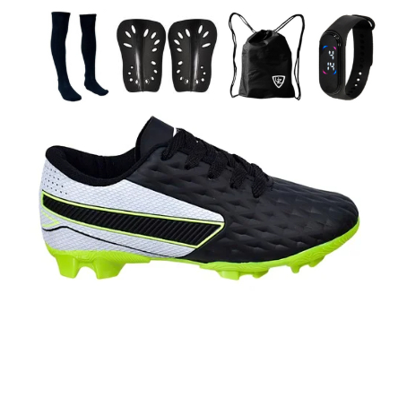 Chuteira Campo Impactor Infantil Gramado Original Uzze Sport + Meião Caneleira Mochila Relógio