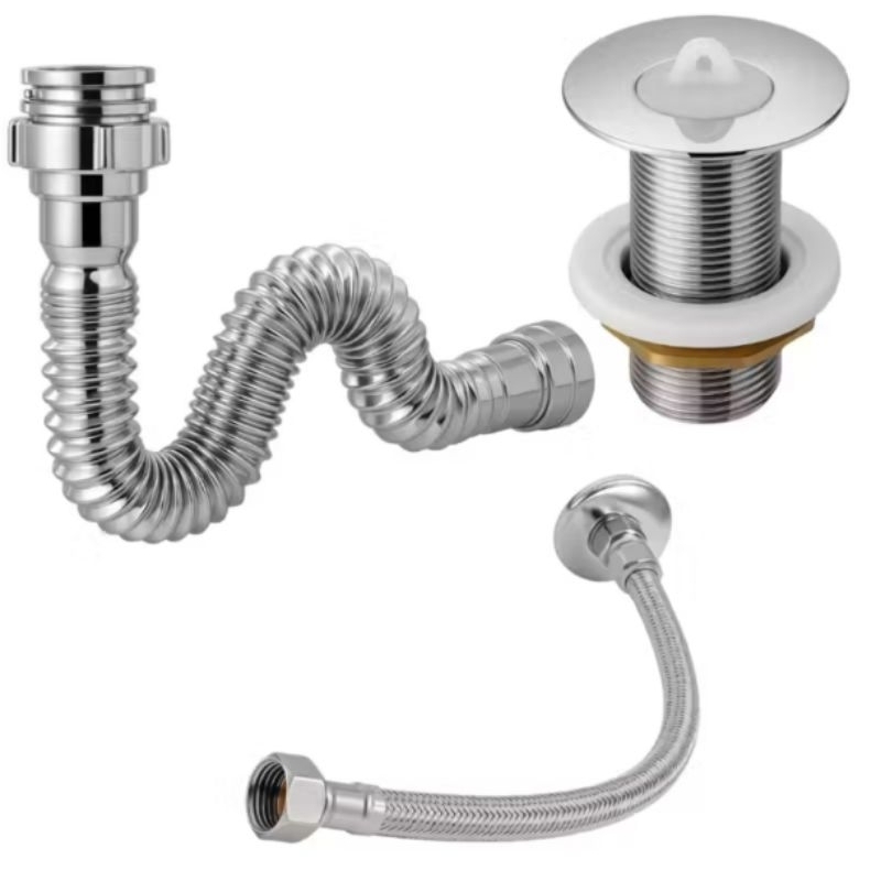 Sifão Sanfonado + Engate Flexível 40cm + Válvula Lavatório ABS Cromado
