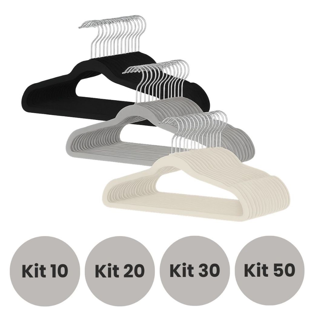 Kit de Cabide Veludo 10/20/30/50 Adulto Para Roupas Resistente Antideslizante Rotação 360° Slim Preto Cinza e Bege em Oferta na Shopee