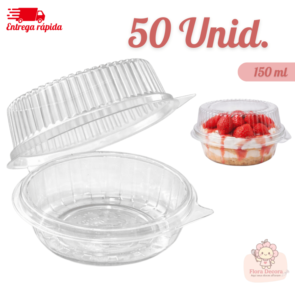Kit 50 Embalagem Redonda Transparente Tampa Articulada 150ml em Oferta na Shopee