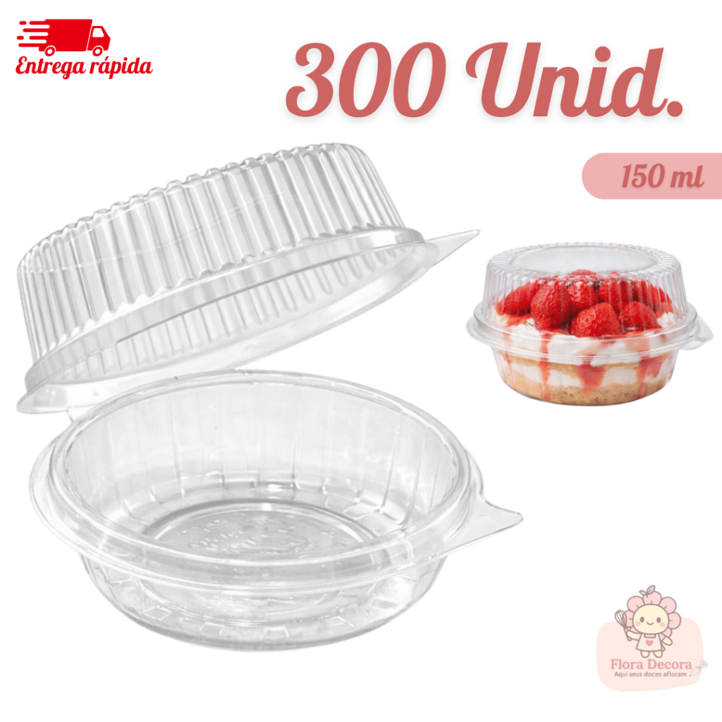 Kit 300 Embalagem Redonda Transparente Tampa Articulada 150ml em Oferta na Shopee