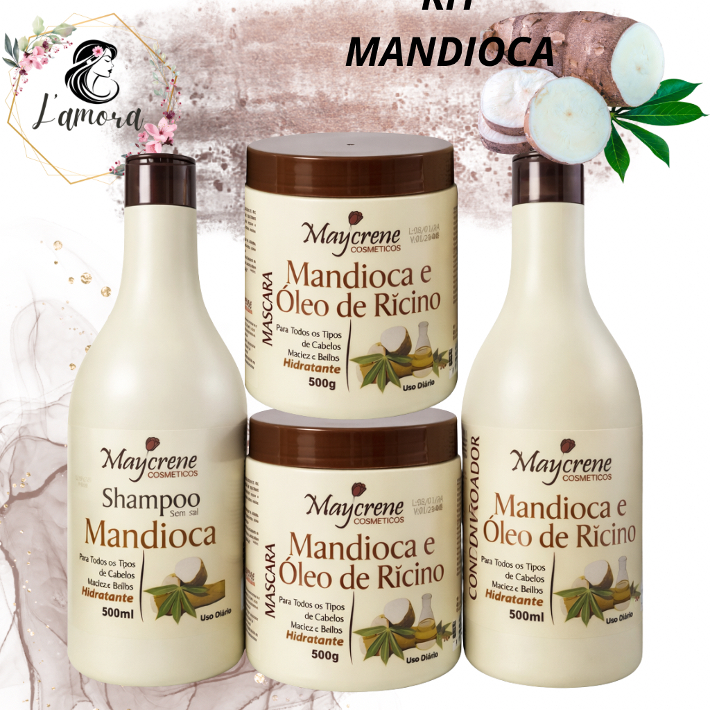 Kit de Tratamento Mandioca para Nutrição capilar Shampoo, Condicionador e 2 mascaras Maycrene