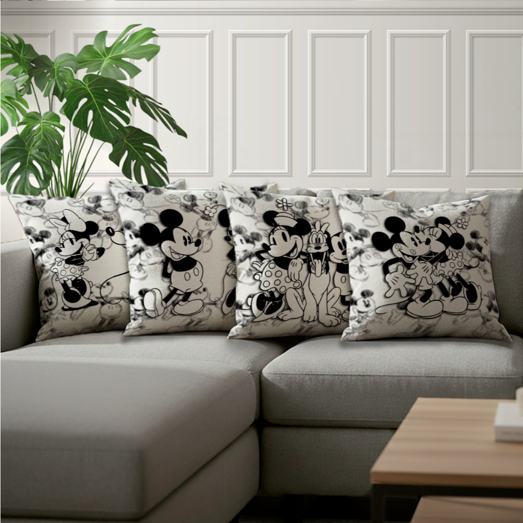Kit 4 Capas Almofadas Minie e Micky Disn3y Estilo Clean Preto Branco 45 x 45 Lançamento Bibi Painéis