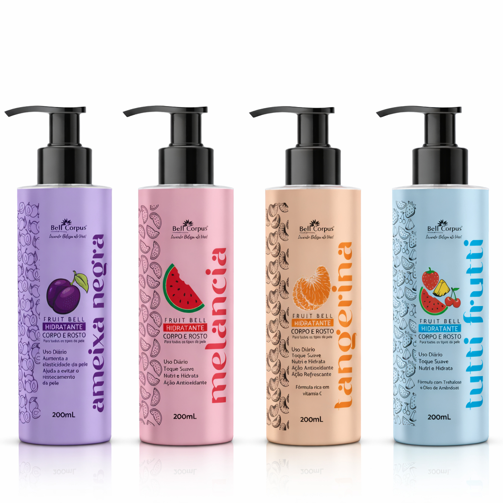 Kit 4 Hidratantes Bell Corpus 200ml – Hidratação Intensa Imediata | Ameixa negra, Melancia, Tangerina e Tutti frutti