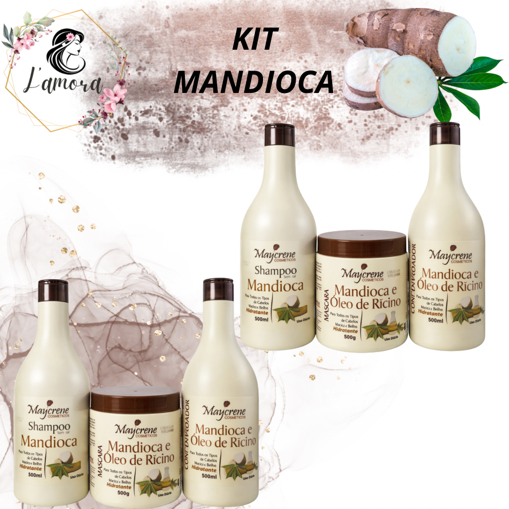 2 Kit de Tratamento Mandioca para Nutrição capilar 3 Itens Shampoo, Condicionador e mascara