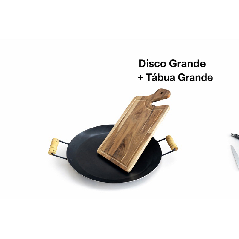 Disco Chapa de Arado Grande + Tábua de Madeira Para Cortar Carne Churrasco Frigideira Bifeira de Ferto Aço