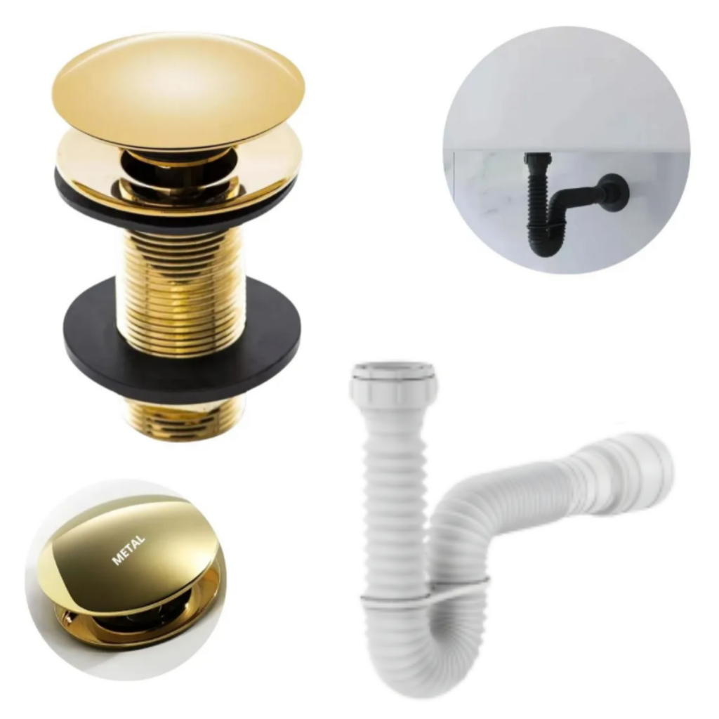 Kit Valvula Clic Dourada Em Inox + Sifao Universal 70 Cm, Conjunto Valvula Inox Gold Com Sifao Universal