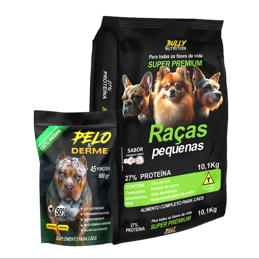 Ração Raças Pequenas 10.1Kg + Suplemento Bully Pelo & Derme 900g + Moringa Dog 60g