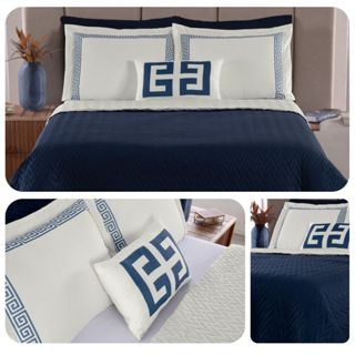 Cobre Leito Grecco Casal Padrão Dupla Face 7 Peças Matelado Colcha Azul Marinho em Oferta na Shopee