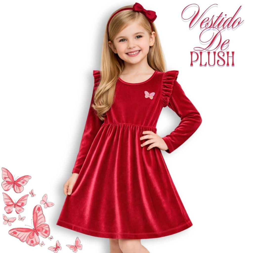 Vestido Plush Infantil Blogueirinha Com Babados- Efeito Aveludado- 4 Cores em Oferta na Shopee
