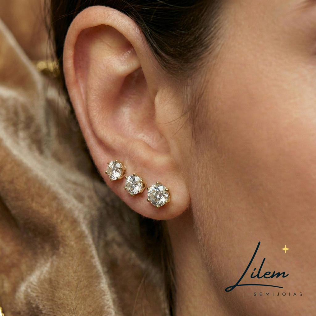 Brinco Ponto de Luz Zircônia Pedra 6mm, 5mm e 4mm Banhado a Ouro 18k - Lilem Semijoias