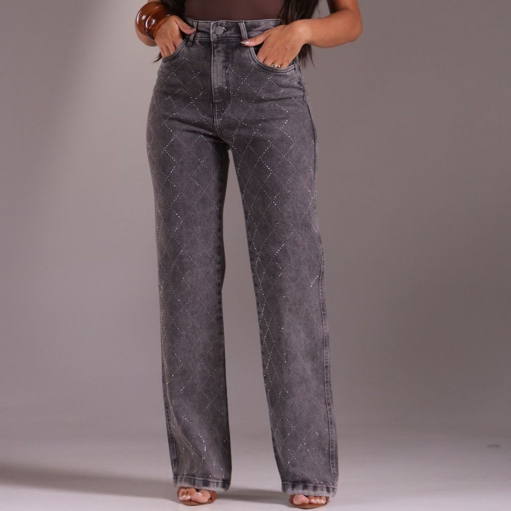 Calça Jeans Feminina Wide Leg BRILHO STRASS Pantalona Grafite Cinza Tecido Grosso Lycra Moda Gringa
