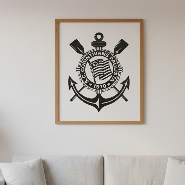 Quadro Decorativo Corin MDF Preto Vazado 30x20cm - Placa Decorativa Parede Escudo Timão Futebol