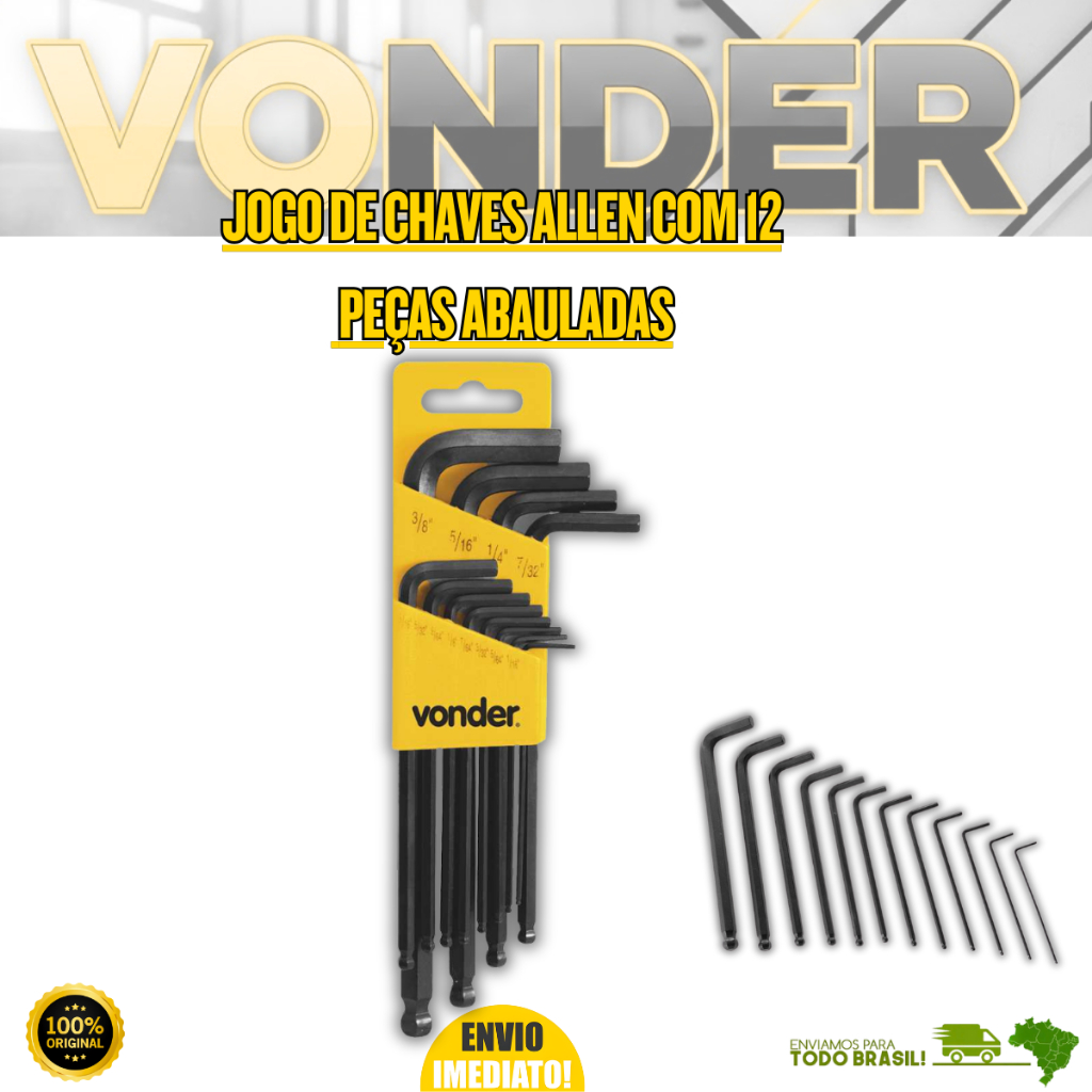 Jogo Com 12 Peças De Chave Allen Polegada 1/16'' A 3/8'' Ponta Abaulada Vonder Resistente Oferta