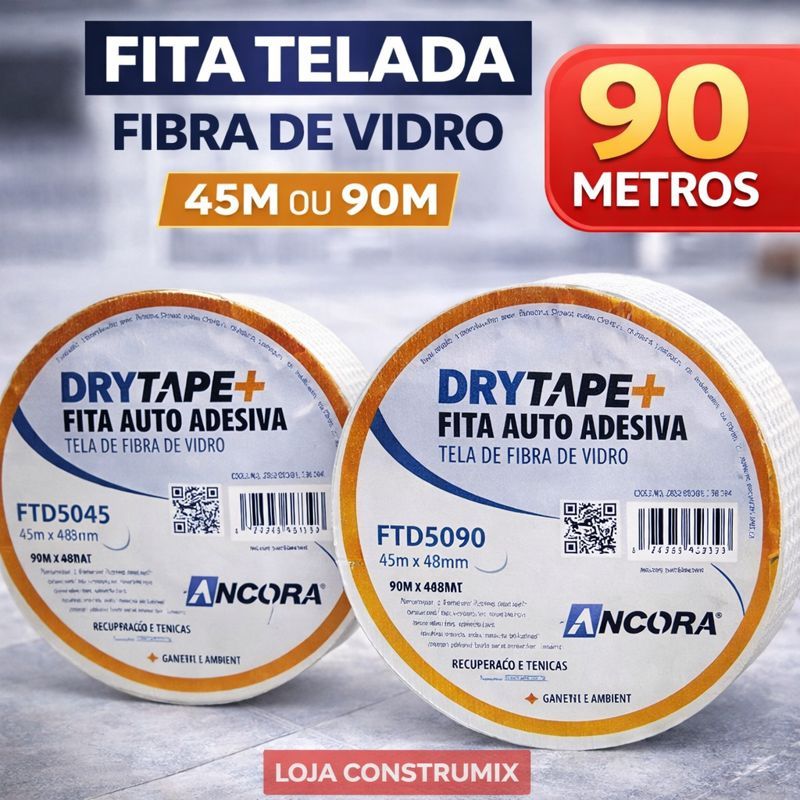 Fita Telada Fibra de Vidro Âncora Autoadesiva 90 Metros Drytape (45m ou 90m) Para Reparos,Trincas, Drywall,Gesso,Isopor em Oferta na Shopee