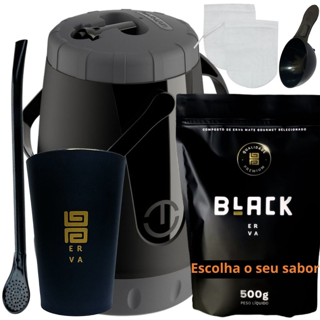 Kit Tereré Garrafa Lisa Black Erva Mate 500 G Copo Caldereta Acrílico Preto Bomba Preta Filtro Scoop