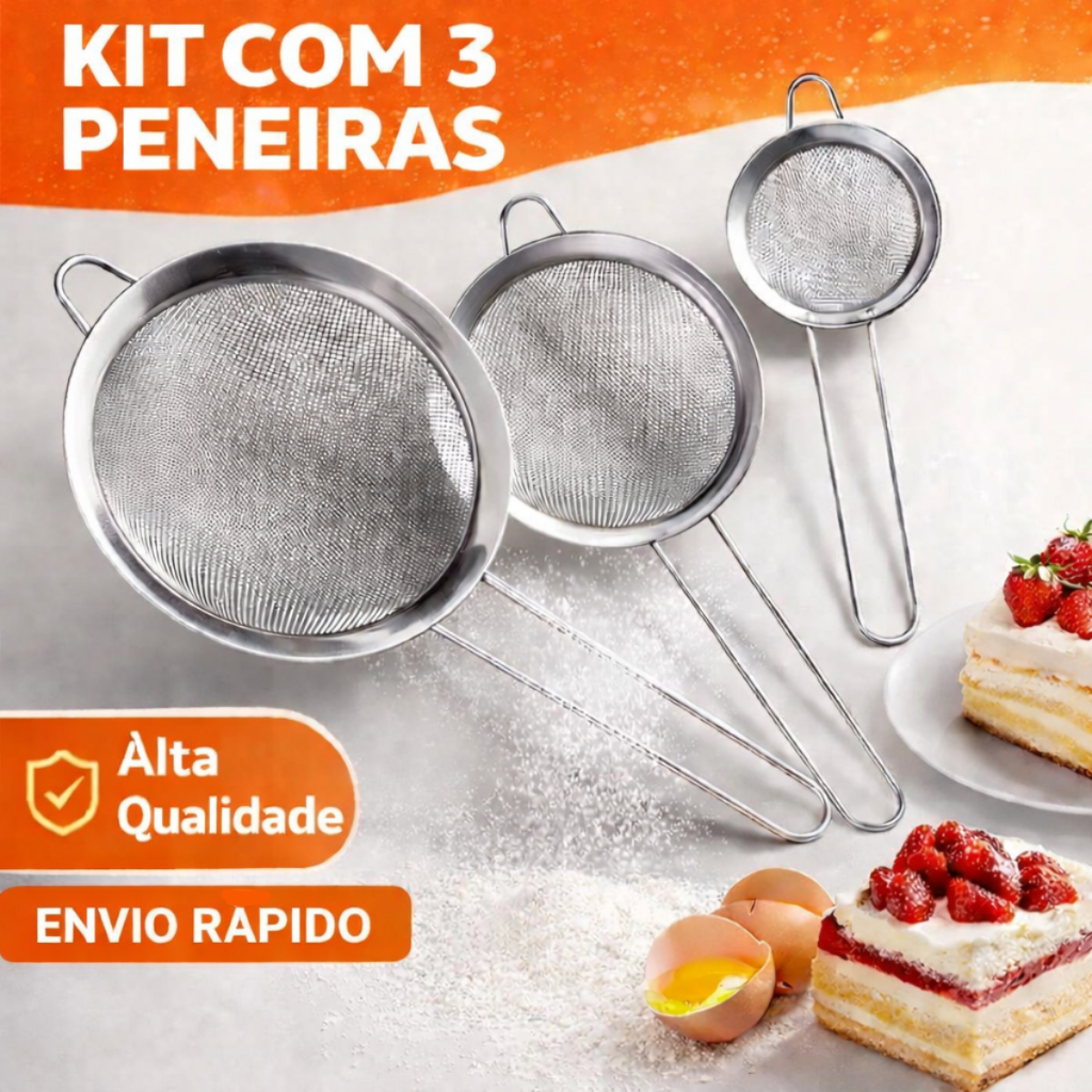 Jogo de Peneira Coador Cozinha Aço Inox Confeitaria Para Cozinha