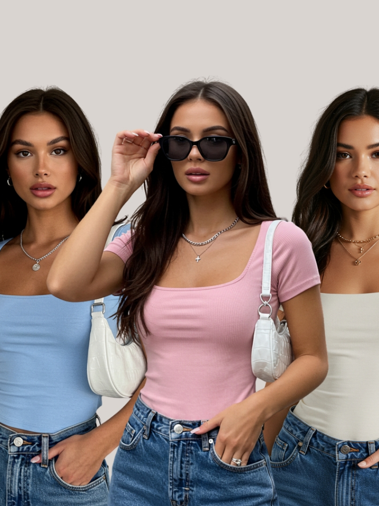 Kit com 3 Blusas Básica Manga Curta Baby Look Suplex com Decote Quadrado Várias Cores