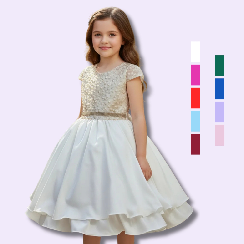 Vestido Juvenil Curto Bordado Saia Lisa Com Cinto Dourado em Oferta na Shopee