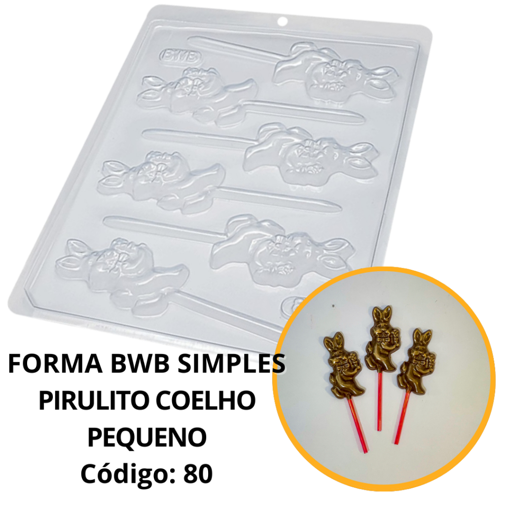 1~10 FORMA ACETATO SIMPLES BWB PIRULITO COELHO PEQUENO CÓD.:80- 14G. PARA DOCES DE CHOCOLATE, CANFEITARIA E PÁSCOA....