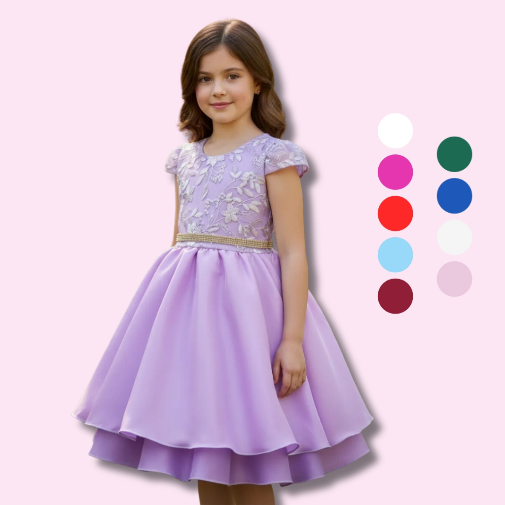 Vestido Juvenil Curto Bordado Saia Lisa Com Cinto Dourado em Oferta na Shopee