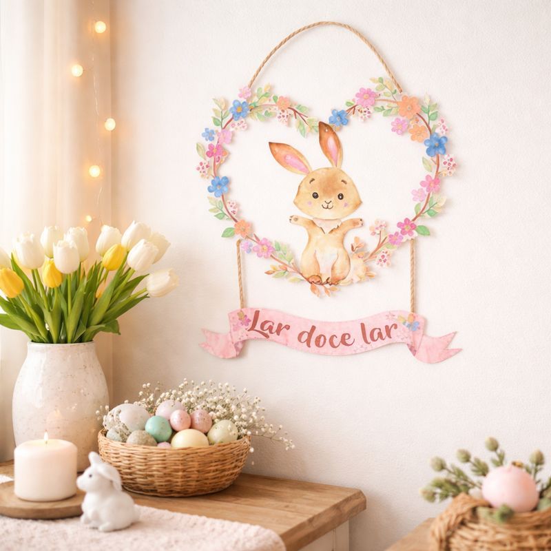Placa Decorativa Corda - Coelho Lar Doce Lar - 30 x 45Cm