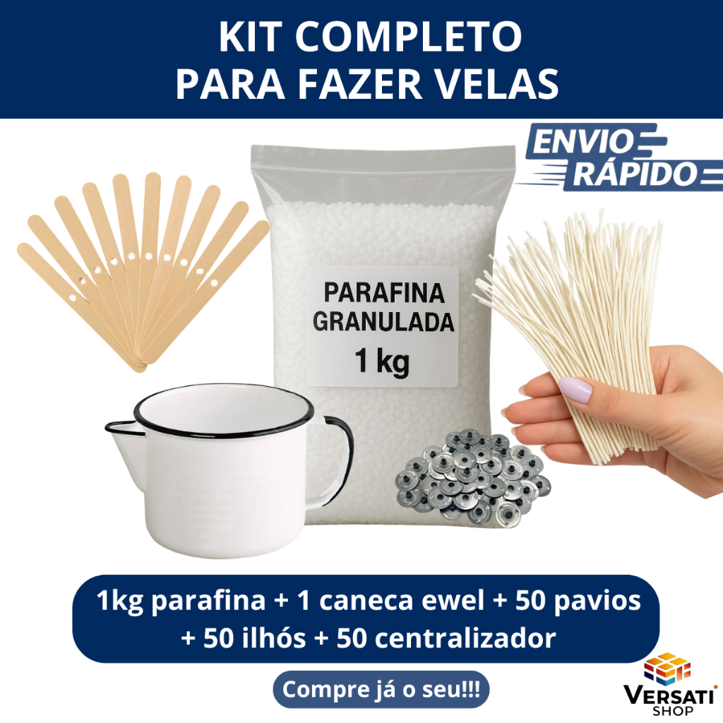 kit para velas artesanais completo 1kg de parafina + 50 pavios + 50 ilhós + 50 centralizadores + 1 caneca ewel