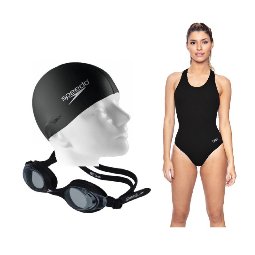 Kit Natação Speedo Maiô Cross Costas Cruzadas + Óculos Izy One + Touca Flat Silicone