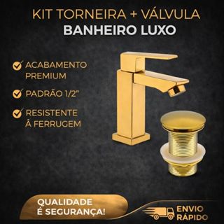 KIT TORNEIRA BANHEIRO MODERNA METAL INOX LAVABO DOURADO + VÁLVULA CLICK 11/8 FURO. em Oferta na Shopee
