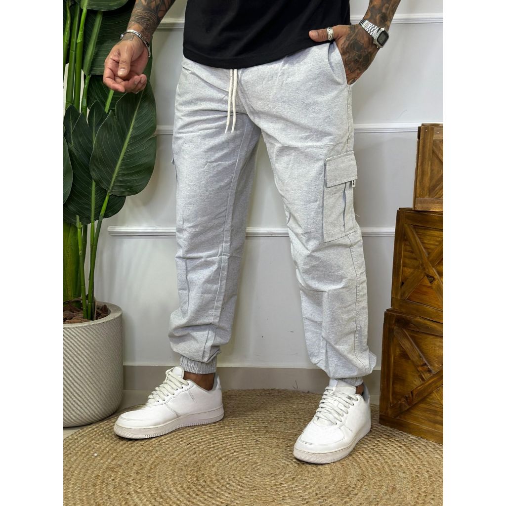 Calça Jogger Masculina Linho Tendencia Street Bolso Cargo Descolada Bolsos