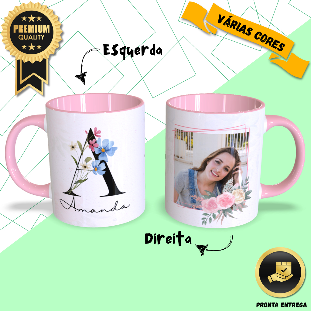 Caneca Personalizada com Foto e Nome Floral Delicada Presente Romântico Namorada Esposa Mãe Amiga