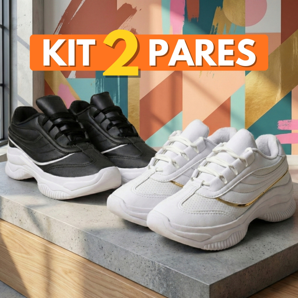 Kit 2 Pares Tênis Feminino Casual Branco + Preto Confortável Com Detalhes Dourados Para Todos