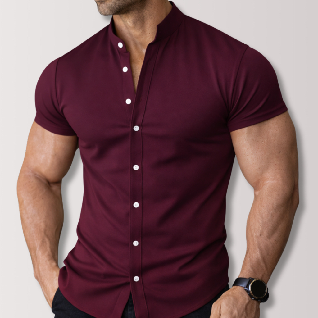 Camisa Social Masculina Manga Curta Gola Padre Slim Fit, Tecido Leve, Confortável e Moderno