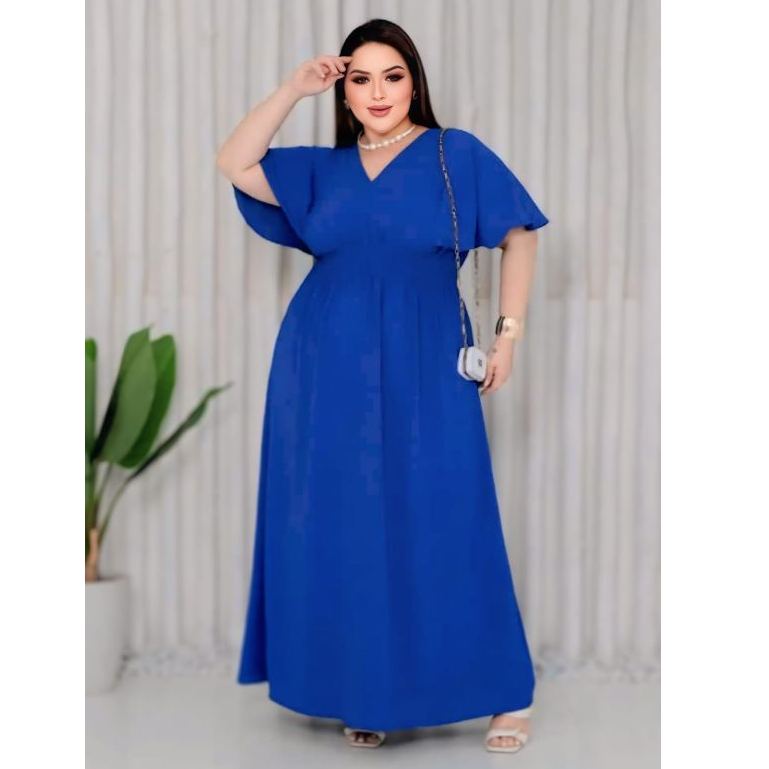 Vestido Longo Plus Size Decote V Manga Solta Elegante para Festa e Eventos,Tecido Duna