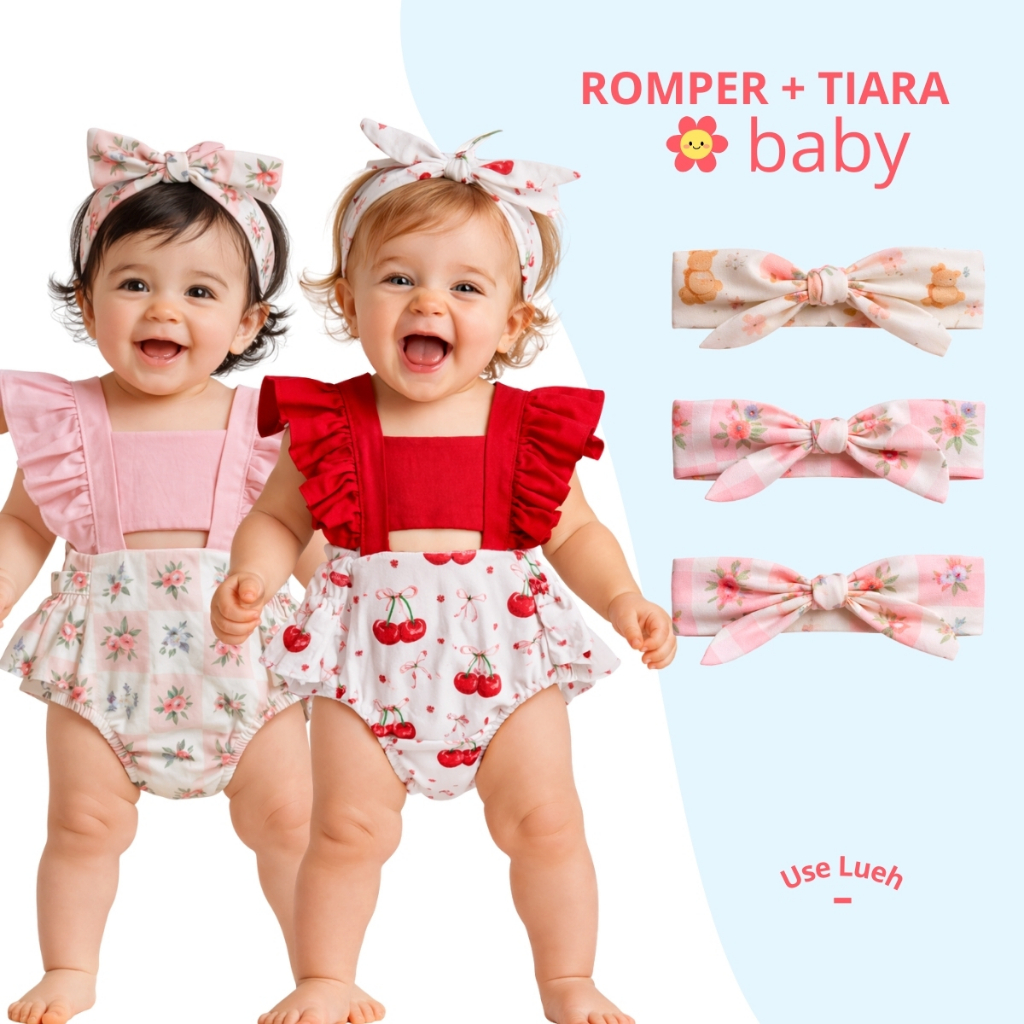 Jardineira Romper Bebê Menina com Laço e Tiara 100% Algodão Conjunto Infantil Feminino Estampado