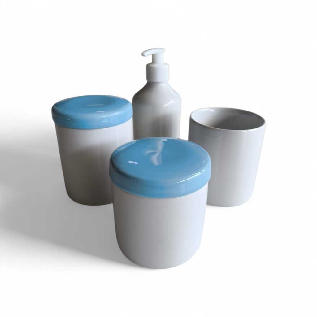 Kit Higiene para bebê porcelana potes porta algodão cotonete branco tampa azul saboneteira liquida menino maternidade