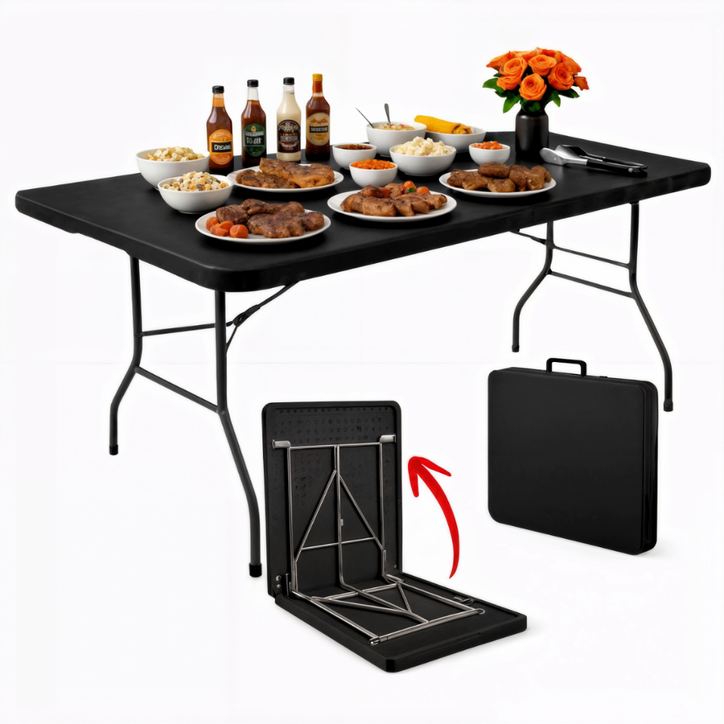 Mesa Dobrável Vira Maleta 1,80m Portátil Preto Para Camping Pesca Jardim Externa Interna em Oferta na Shopee