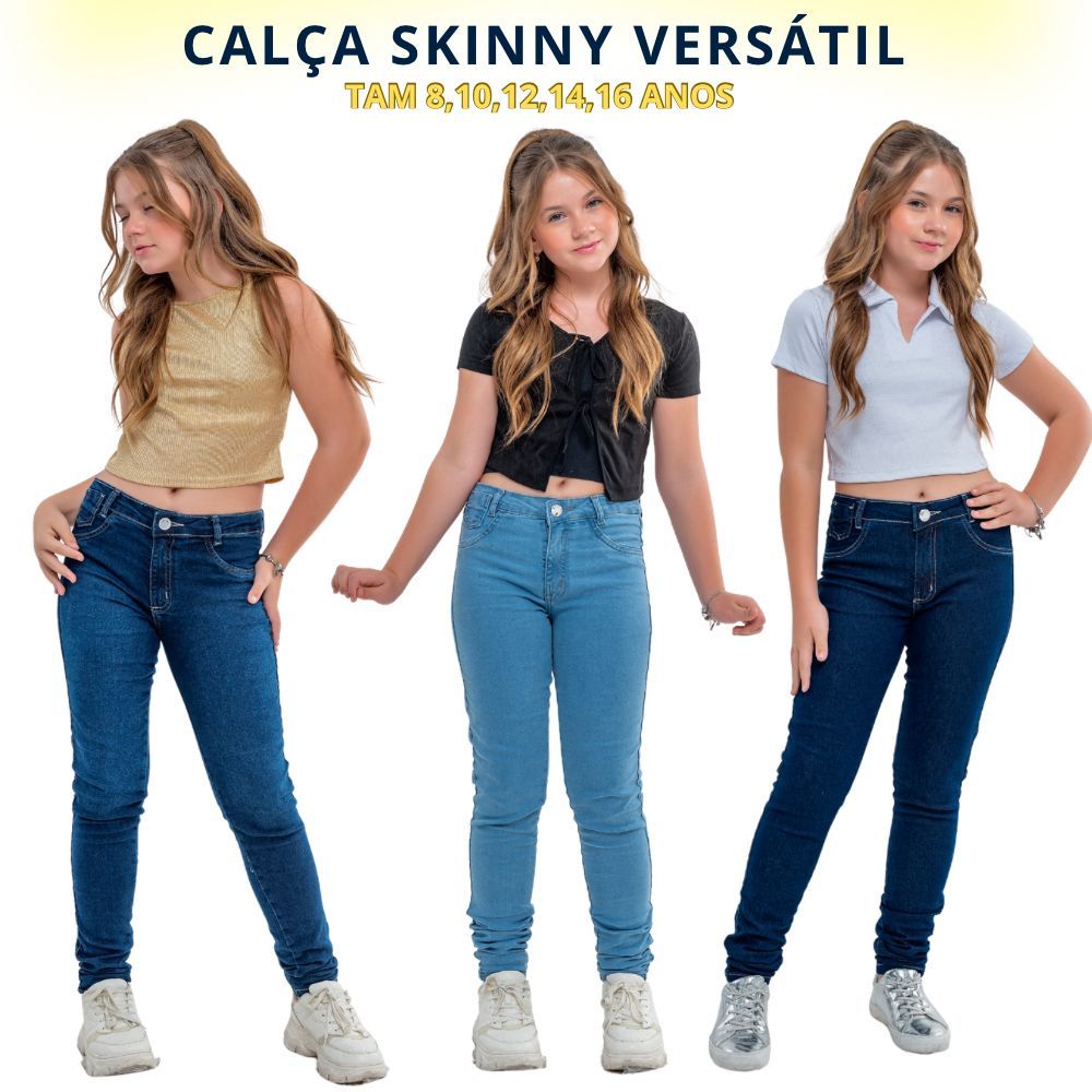 Calça jeans skinny lycra infantil juvenil menina 08,10,12,14,16 anos em Oferta na Shopee