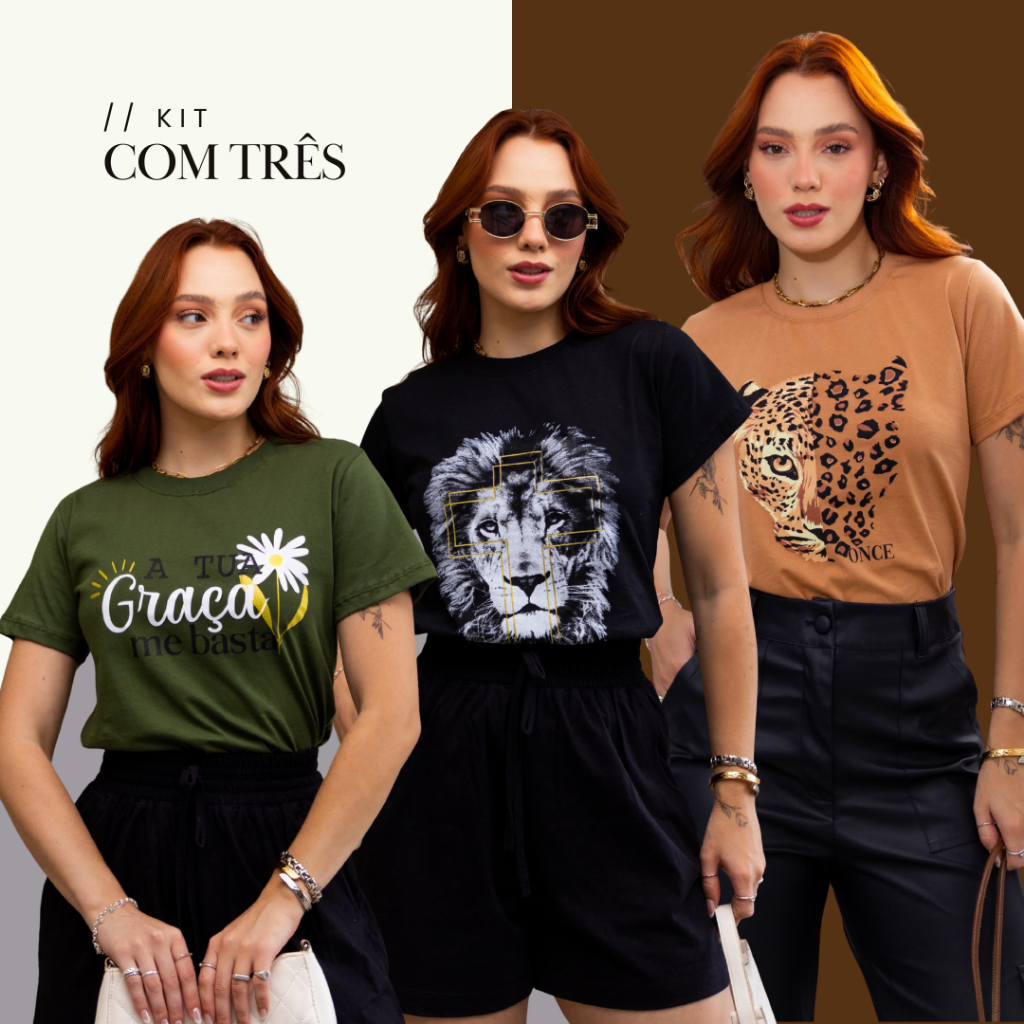 Kit 3 Blusa Feminina Tshirt Básica Manga Curta Estampada em Oferta na Shopee