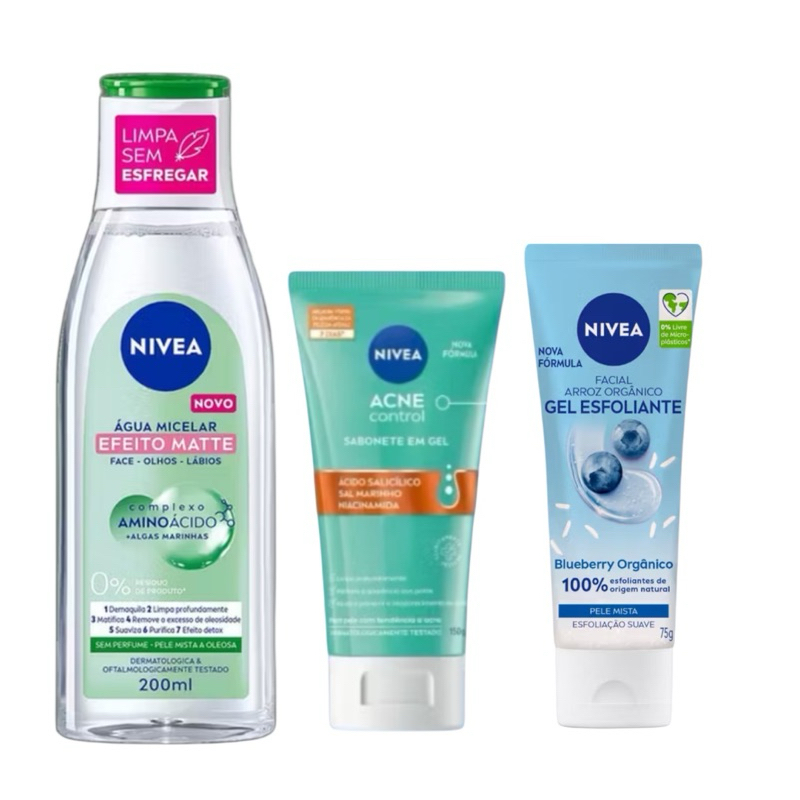 kit produtos de cuidados faciais da linha NIVEA Água Micelar Efeito Matte, Sabonete em Gel e Gel Esfoliante Facial