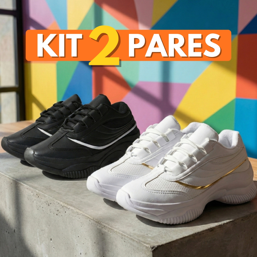 Combo 2 Pares Tênis Feminino Branco Preto  Com Detalhes Dourados Para Looks Casuais e Confortáveis