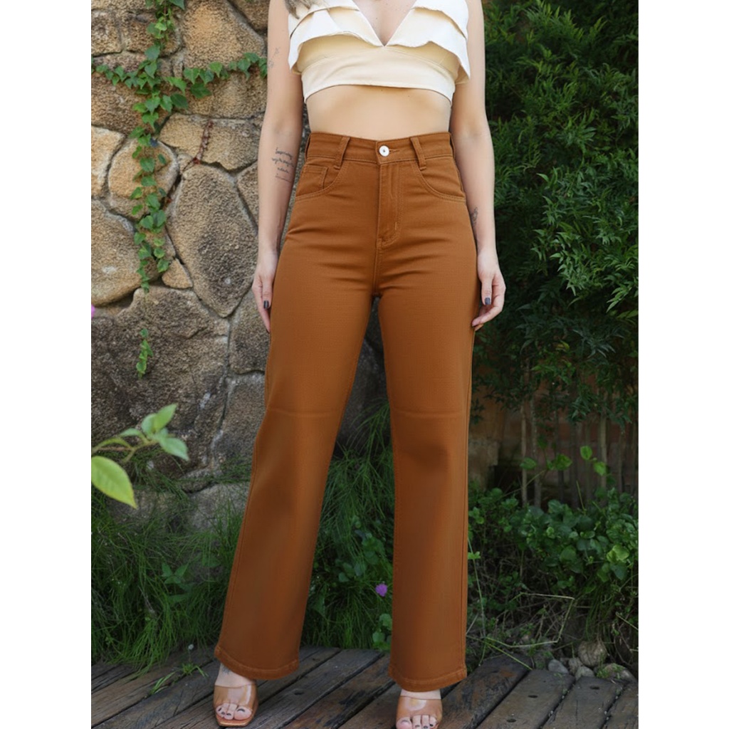 Calça Jeans Feminina Wide Leg Pantalona Cintura Alta 100% Algodão Premium Disponível para todas as estações em Oferta na Shopee