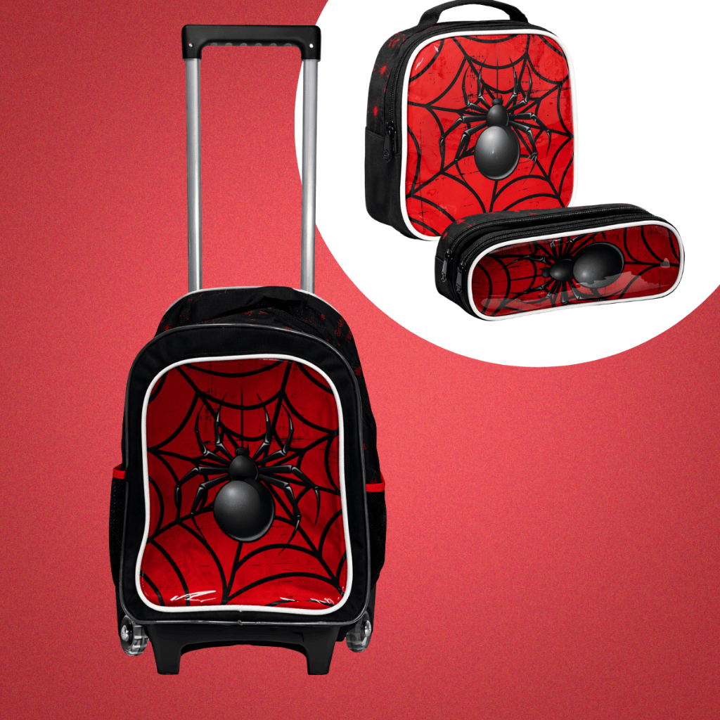 Kit Mochila Infantil Spider Aranha Grande Reforçada Com Rodinhas Lancheira Térmica e Estojo Duplo