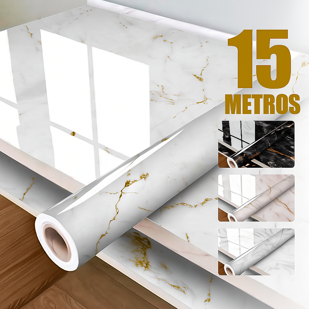 Papel de Parede Mármore Branco e Dourado Autocolante Vinílico Lavável Impermeável Parede e Móveis