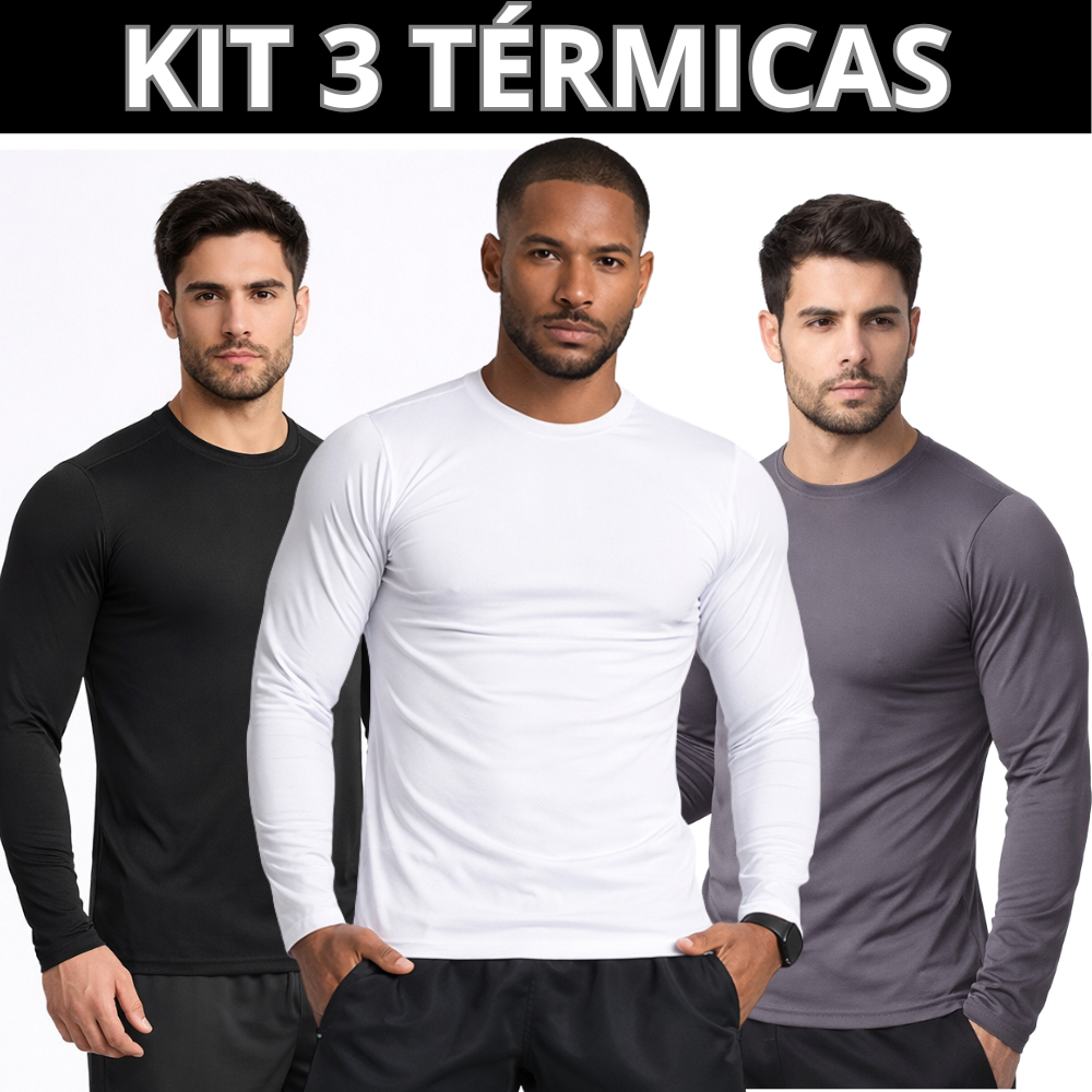 Kit com 3 Camisetas Masculinas Térmica Segunda Pele com Proteção UV Tecido Gelado Contra o Verão
