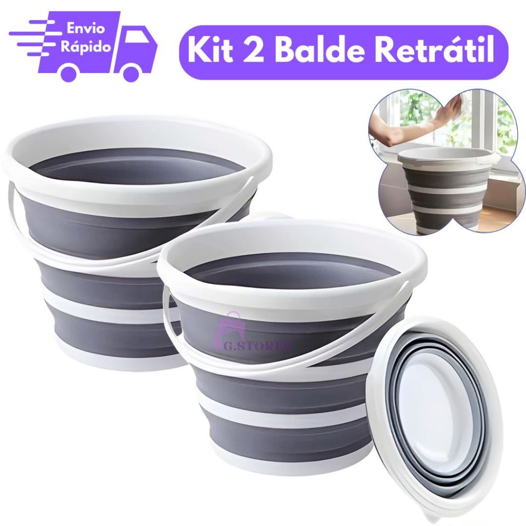 Kit 2 Balde Retrátil Dobrável de Silicone – 10L | Compacto, Portátil, Cor Cinza, Ideal para Viagem e Camping Limpeza em Oferta na Shopee